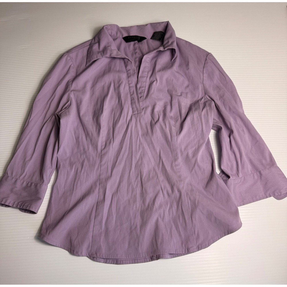 Express World Brand Stretch Top 3/4 Sleeve Lavender Blouse Collared